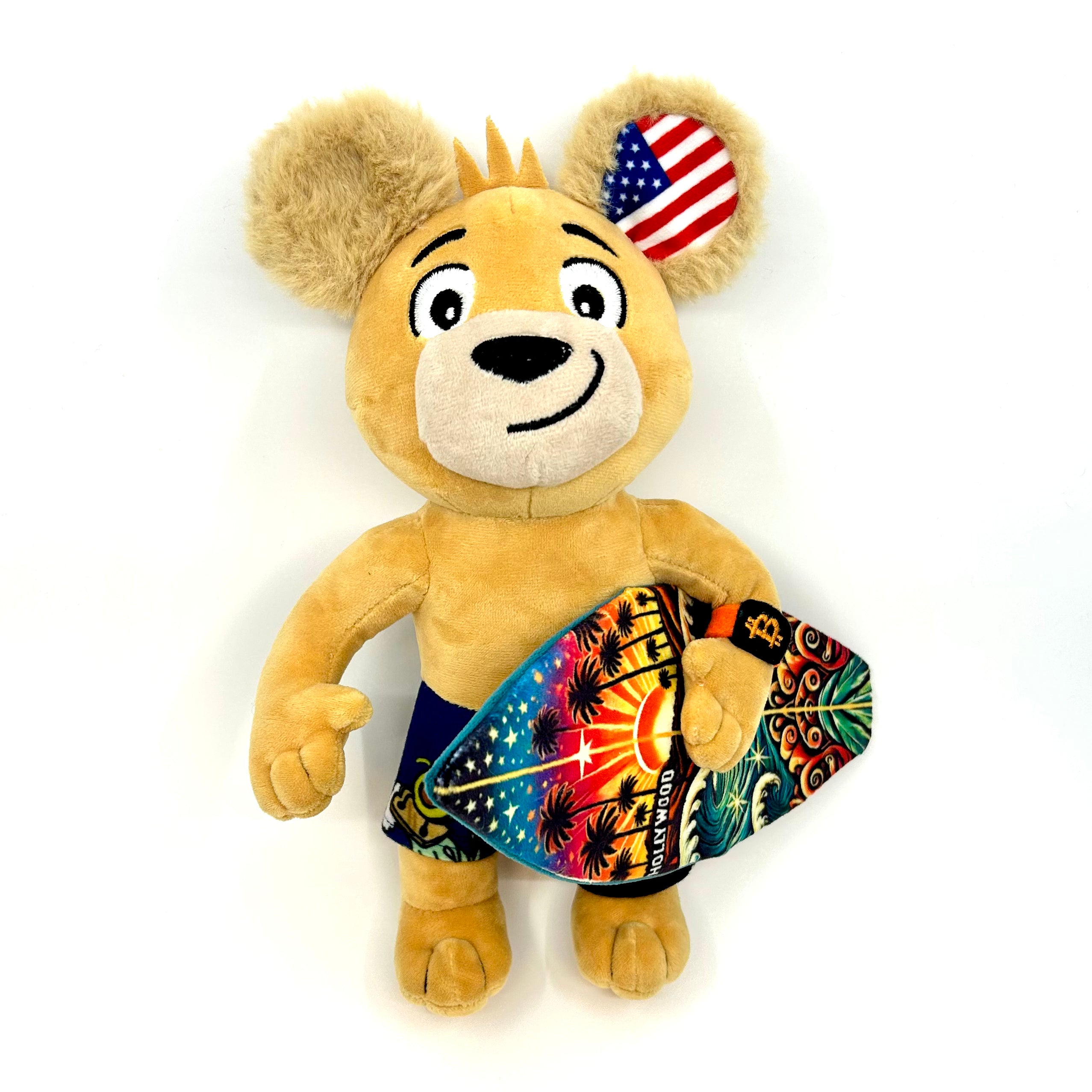 California teddy bear holding a colorful Hollywood surfboard - Eco-friendly plush toy - stuffed animal souvenir with USA flag ear and beach shorts, perfect tropical gift or surf-themed collectible - Oscar the bear from California - USA bears