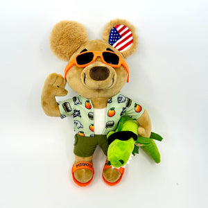 Florida plush teddy bear called Jim, wearing sunglasses and Florida-themed shirt, holding a plush pet alligator called Gator - fun souvenir gift with USA flag ear and Florida flip-flops for beach and vacation lovers - USA bears