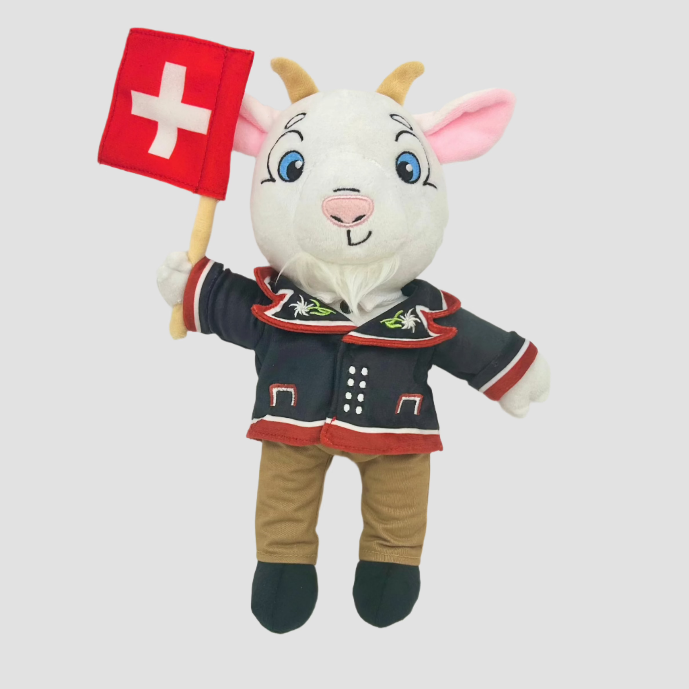 Swiss plush goat in traditional Swiss costume holding red Swiss flag - stuffed animal souvenir from Switzerland, perfect for Alpine gift lovers and travelers