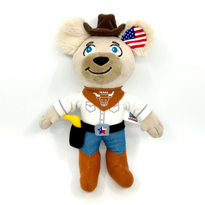 Texas cowboy plush bear with hat, boots, and Texas Longhorn bandana - stuffed animal souvenir with Texas belt buckle and USA flag ear, perfect western-themed gift